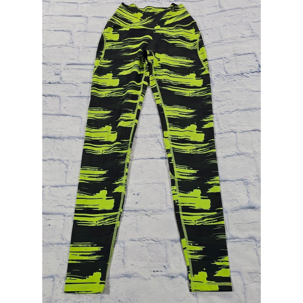 Alphalete Leggings Womens XS Neon Lime Black Brushstroke High Rise Crossover Gym